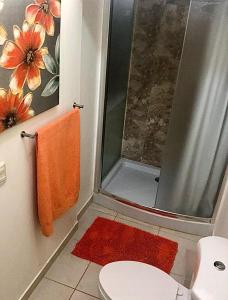 科潘玛雅遗址Habitación Doble Mayan Plaza的带淋浴和卫生间的浴室,配有橙色毛巾