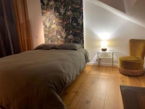 昂热Loft de 110m² dans le cœur historique d'Angers的一间卧室配有一张床、一把椅子和一盏灯