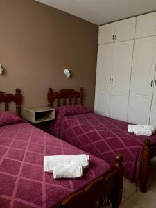 萨帕拉Alquiler temporario zapala Amanecer的一间卧室配有两张床、紫色床单和白色毛巾