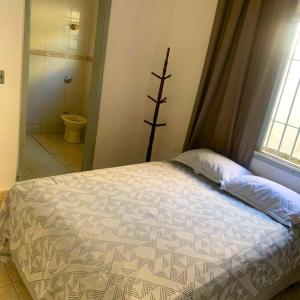 索莱马Recanto Caiçara的一间卧室配有一张床,浴室设有卫生间