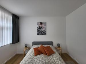 布鲁塞尔Private rooms - European Quarter的卧室配有一张床,墙上挂着一幅画