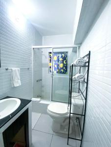 蒙特哥贝Jobs Inn Jamaica的一间带卫生间和玻璃淋浴间的浴室