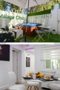 马拉加Malaga Chic jacuzzi y playa的厨房以及带桌子和雨伞的客厅。