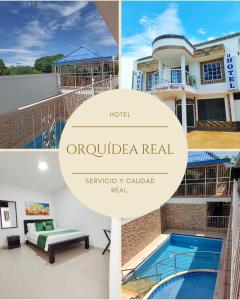 巴耶杜帕尔Hotel Orquídea Real的酒店和游泳池的照片拼合在一起