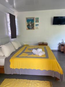 帕皮提Bungalow APETAHI的一间卧室配有一张黄色毯子床