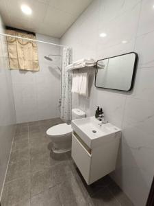恒春古城燕归来民宿的一间带卫生间、水槽和镜子的浴室