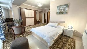 奇姆肯特Cannes Hotel的一间卧室配有一张床、一张桌子和一把椅子