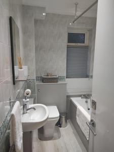 谢菲尔德Sheffield meadowhall interchange house with off street parking的浴室配有盥洗盆、卫生间和浴缸。