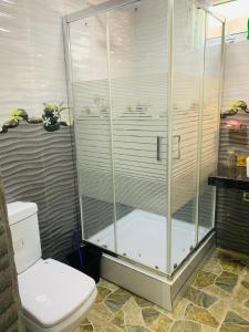 贝鲁沃勒Shehan Villa的设有带卫生间的浴室内的淋浴间