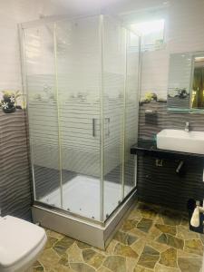 贝鲁沃勒Shehan Villa的带淋浴、卫生间和盥洗盆的浴室