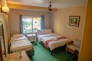 博卡拉尼泊尔小屋旅馆的客房设有两张床和窗户。