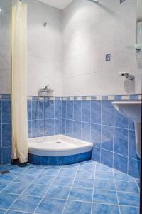 奥布佐尔画廊假日公寓的蓝色瓷砖浴室设有浴缸和水槽