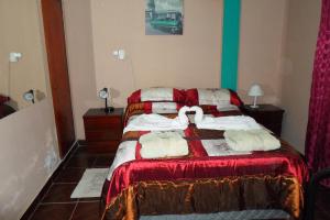 特尔马斯德里奥翁多Hotel Antonia的一间卧室配有一张带两个天鹅的床