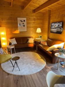 MatslootLuxe en ruim chalet met airco bij Leekstermeer的客厅配有真皮沙发和地毯。