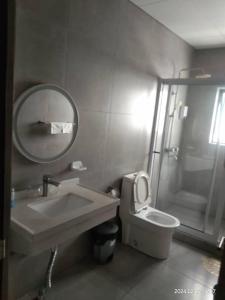 鲸湾港City Centre Hotel的一间带水槽、卫生间和镜子的浴室