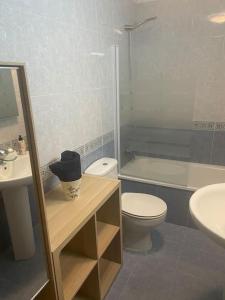 萨拉曼卡Precioso ático con garaje gratis的浴室配有卫生间、盥洗盆和淋浴。