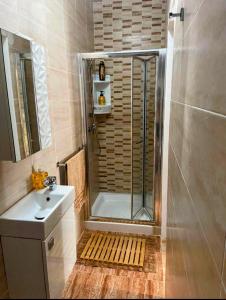 亚的斯亚贝巴Keba Guesthouse的带淋浴和盥洗盆的浴室