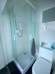 达灵顿Fionn House Darlington的带淋浴、卫生间和盥洗盆的浴室