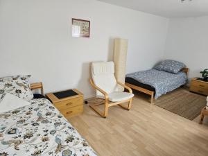 贝西格海姆Ferienwohnung im Besigheim的一间卧室配有一张床和一把椅子,还有一张床和一张床