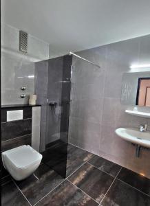 杜塞尔多夫阿斯科特康恩得酒店的浴室配有卫生间、淋浴和盥洗盆。