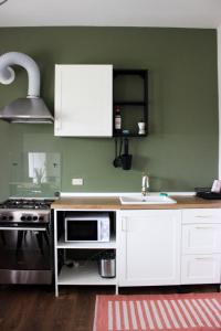 CeggiaCasa Delisa的厨房设有绿色的墙壁、白色的橱柜和水槽