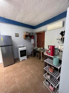 库尔克岛Celi’s Ocean Apartment的厨房配有冰箱和桌子
