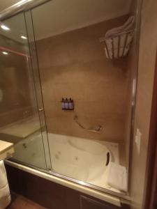 科隆普拉塞酒店的浴室配有带浴缸的玻璃淋浴间