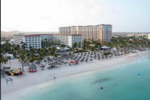棕榈滩Hotel Aruba的享有海滩的空中景致,配有椅子和遮阳伞