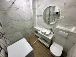波德戈里察Apartments 28的一间带卫生间、水槽和镜子的浴室