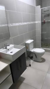 姆巴巴内Mountain Drive Apartments的白色的浴室设有卫生间和水槽。