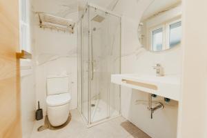 卡尔达斯·德·雷斯HOTEL LOTUS的白色的浴室设有卫生间和淋浴。