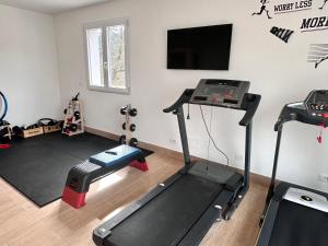 FresonaraPodere il Glicine Wellness Charme & Relax的客房设有带跑步机和平面电视的健身房。