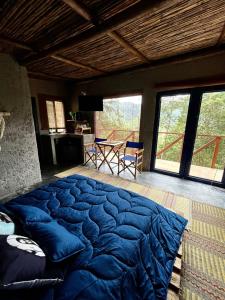 佛罗里达布兰卡Finca Montmagica的窗户客房内的一张蓝色大床