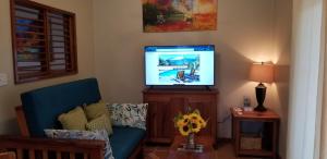 圣佩德罗Sapphire Beach Condo的带沙发和电视的客厅