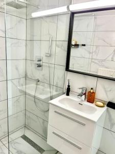 布鲁塞尔Logement Woluwé的白色的浴室设有水槽和淋浴。