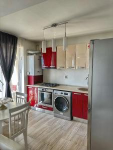 克拉约瓦Fancy Apartament Promenada Mall的一间带红色橱柜和洗衣机的厨房