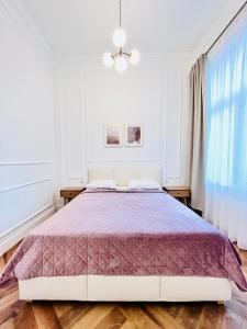 卢宾Apartamenty Lubin - Noclegi Lubin的一间卧室配有一张大床和紫色棉被
