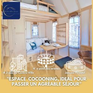 尼姆Cosy Tiny centre-ville de Nîmes的一张带一张床铺和一张书桌的房间的海报