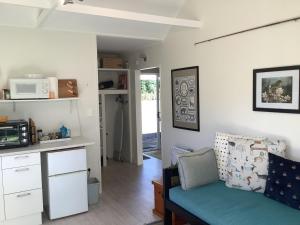 WaikinoWood Pigeon Cottage Pet Friendly Free Breakfast Hauraki Rail Trail 2kms的带沙发和微波炉的客厅