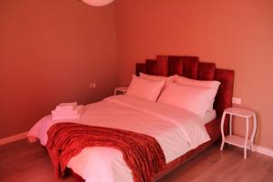 地拉那Sunny Home overlooking Tirana的一间卧室设有一张带红色墙壁的大床