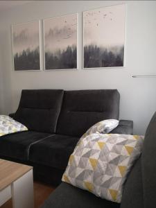 阿尔内迪略Apartamento las huellas的客厅配有沙发和墙上的两张照片