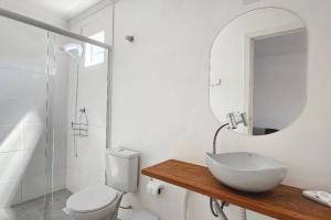 弗洛里亚诺波利斯Morada do Sol - Pé na areia!的一间带水槽、卫生间和镜子的浴室