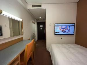 鸟取市Hotel Alpha-One Tottori的一间医院房间,里面设有一张床和墙上的电视
