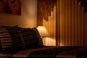 布鲁克林Spacious Comfy Room in Cozy Classy Duplex的卧室配有一张床和一盏灯,位于墙上