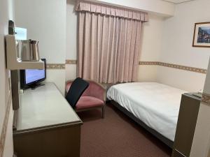 周南市Hotel Alpha-One Tokuyama的酒店客房配有一张床和一张书桌及一台电视