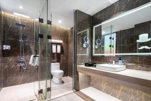 广州宜致酒店(广州番禺市桥地铁站店)的浴室配有卫生间、盥洗盆和淋浴。