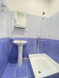 撒马尔罕Family Guest House的蓝色瓷砖浴室设有水槽和镜子