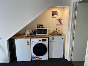 奥克兰Auckland CBD, Parnell Ensuite+Patio+Secluded Garage的洗衣房配有洗衣机和水槽