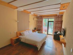 德清莫干山竹景山庄的一间卧室配有一张床和一台电视