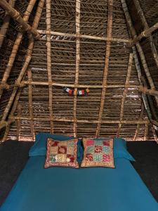 黎明之村Nebula Nest Cafe & Hostel的两个枕头坐在茅草屋顶的床上